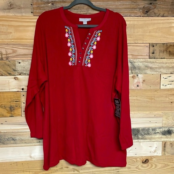 Woman Within size 3X (30/32) red floral stitching Henley waffle knit - Picture 1 of 6